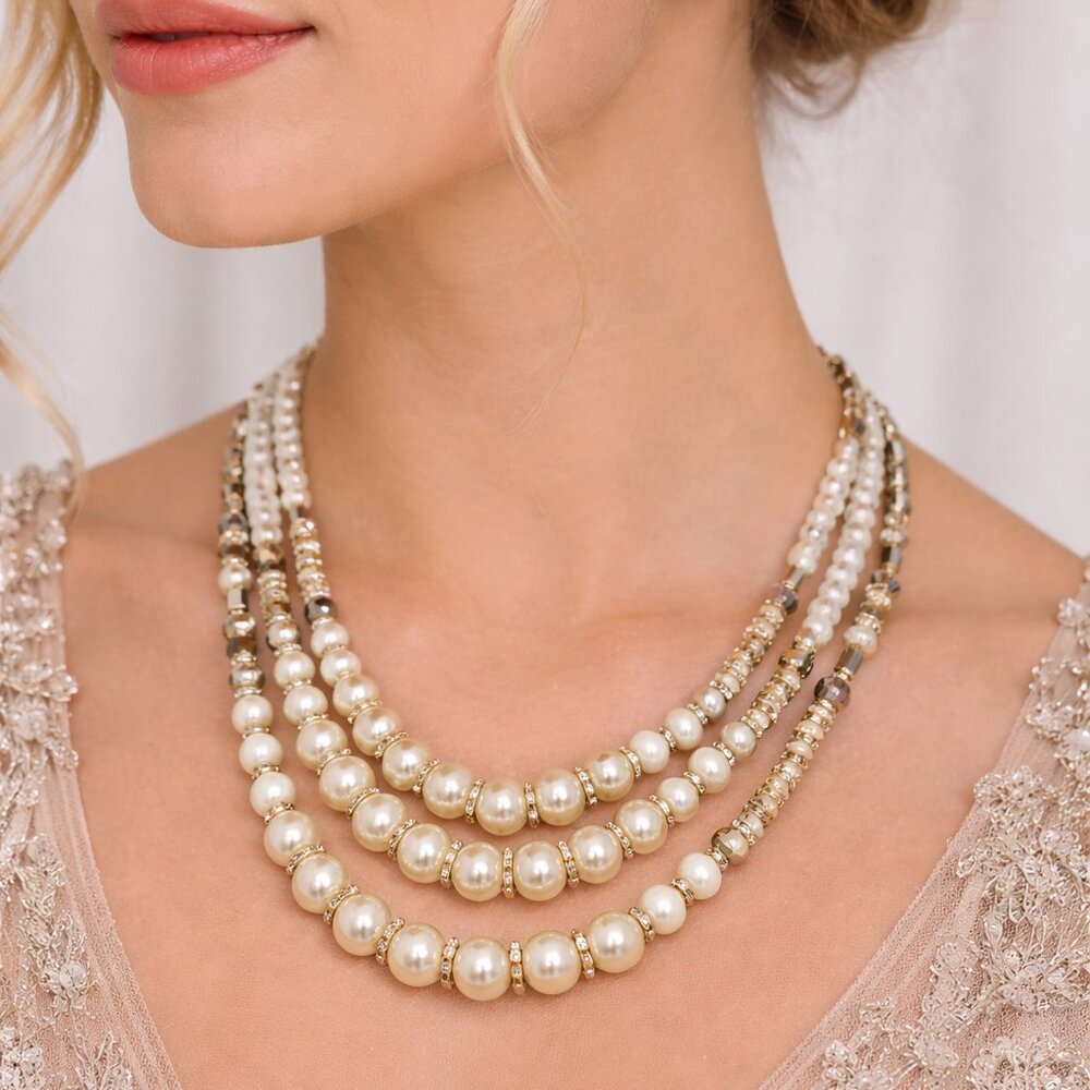 Ali Khan 3 row glass pearl & faceted beads with  rhinestone rondels necklace